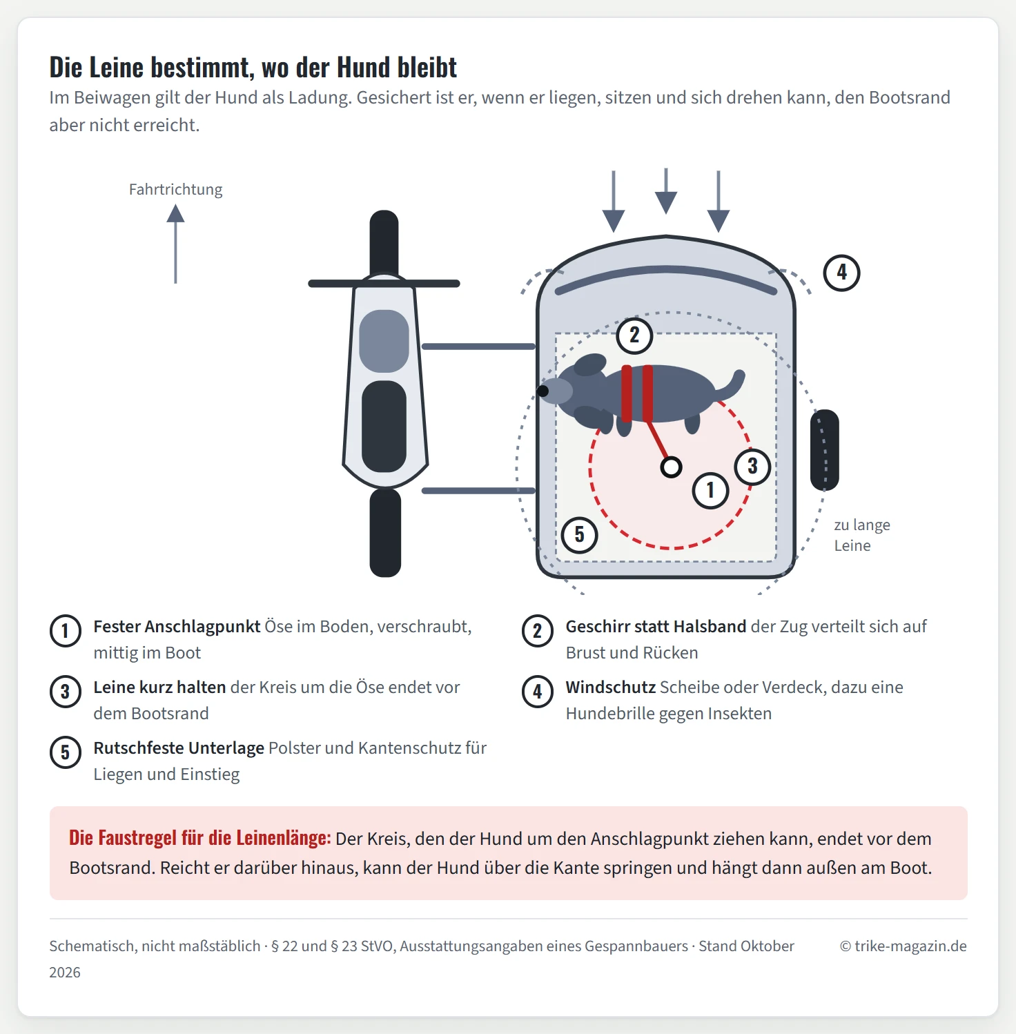 Draufsicht auf ein Motorradgespann mit Hund im Beiwagen. Der Hund trägt ein Geschirr, eine kurze Leine führt zu einer verschraubten Öse mittig im Bootsboden. Ein rot gestrichelter Kreis um die Öse zeigt die Bewegungsfreiheit des Hundes, er endet vor dem Bootsrand. Ein größerer grauer Kreis für eine zu lange Leine ragt über den Rand hinaus. Dazu Windschutzscheibe, rutschfeste Unterlage und Pfeile für den Fahrtwind.